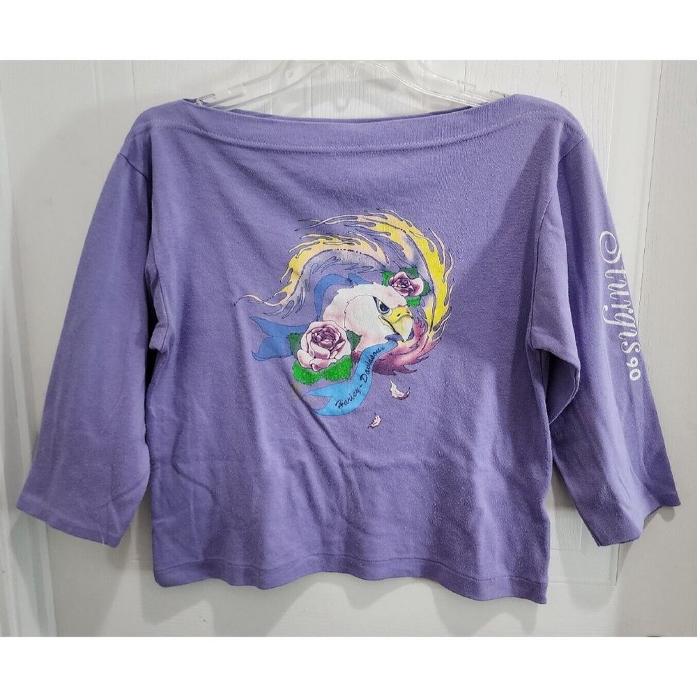 Vtg '89 '90 Women's Harley Davidson Cropped Top 3/4 Sleeve Purple Size Large